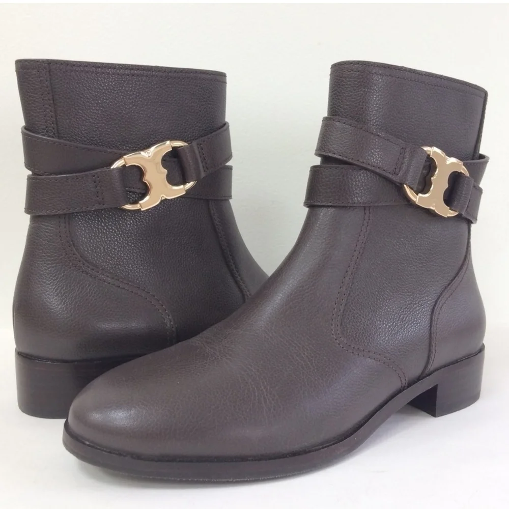 Tory Burch Dark Brown Ankle Boots with Gold Buckle Size 8M